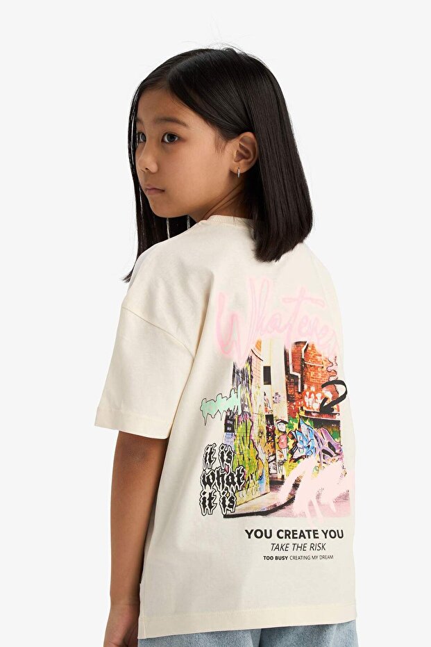 Oversized Loose Fit Crew Neck Back Printed Short Sleeve T-Shirt Girls E1829A825SM