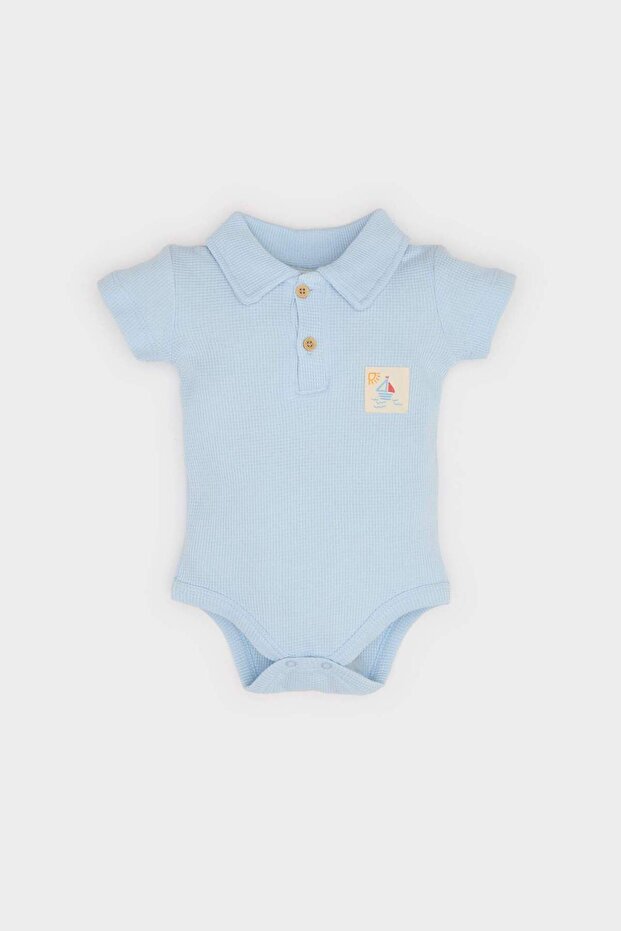 Polo Collar Printed Waffle Short Sleeve Snap Fastener Bodysuit Baby Boy Newborn E7935A525Sm