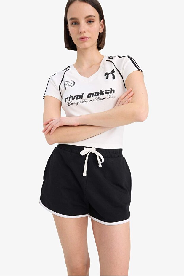 Fitted V-Neck Printed Ribbed Short Sleeve T-Shirt E7442Ax25Sp