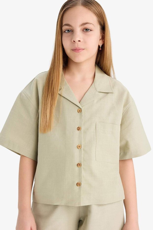 100% Cotton Cropped Fit Linen Short Sleeve Shirt Girls D7638A825Sm