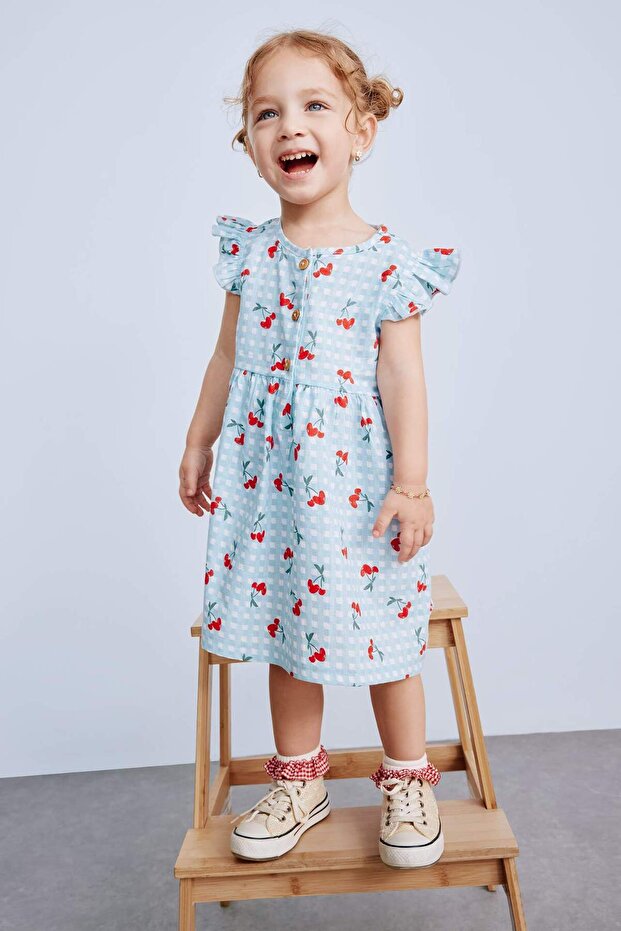 Patterned Short Sleeve Slub Poplin Summer Dress Baby Girl E0645A525SM