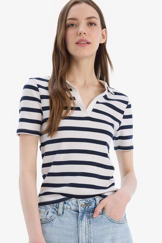 Slim Fit Striped Polo Collar Ribbed Short Sleeve T-Shirt E6989Ax25Sp