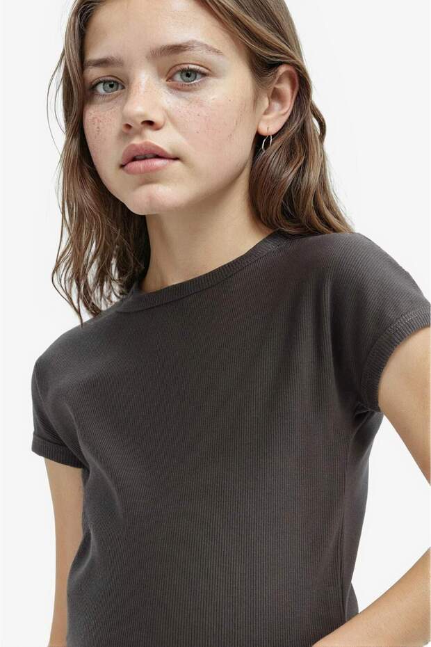 Slim Fit Crew Neck Basic Ribbed Short Sleeve T-Shirt Girls B3053A825Sm