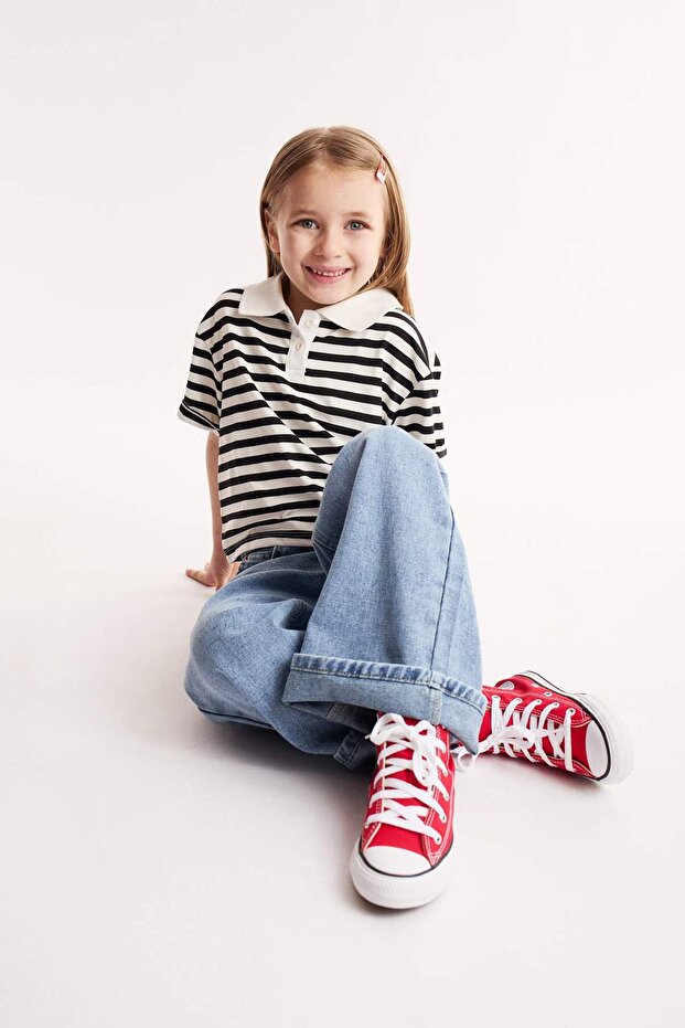 Relax Fit Polo Collar Striped Short Sleeve T-Shirt Girls E0064A825Sm