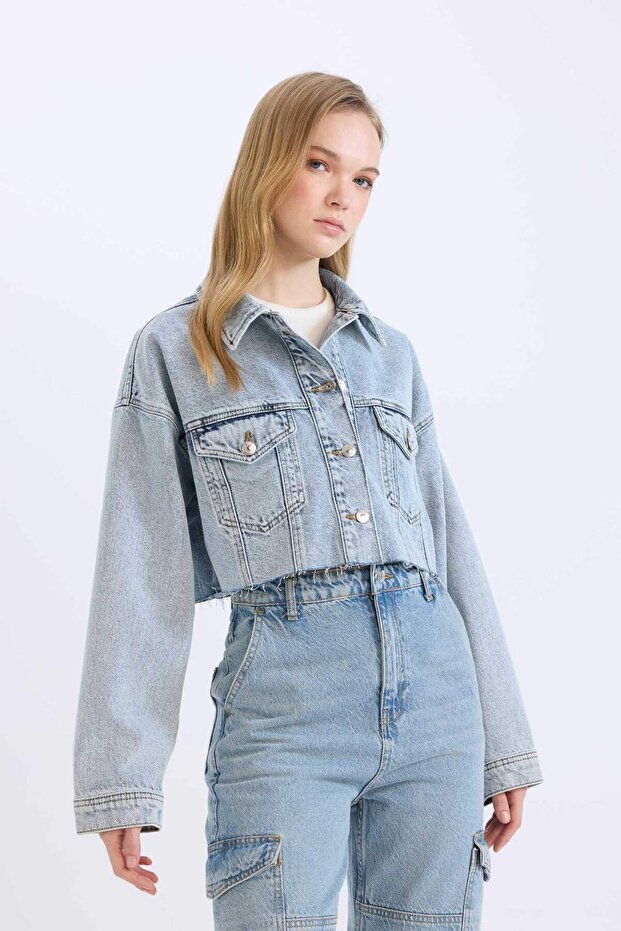 100% قطن بقصة قصيرة سترة بأزرار دنيم D8685AX25SM - 7