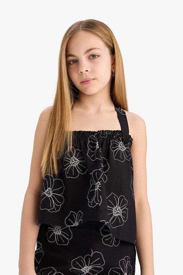 100% Cotton Floral Strappy Linen Blouse for Girls E0745A825Sm