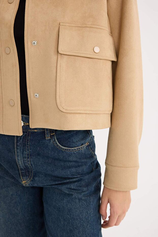 Polo Yaka Cepli Basıc Süet Ceket Mont E6033AX25SP - 5