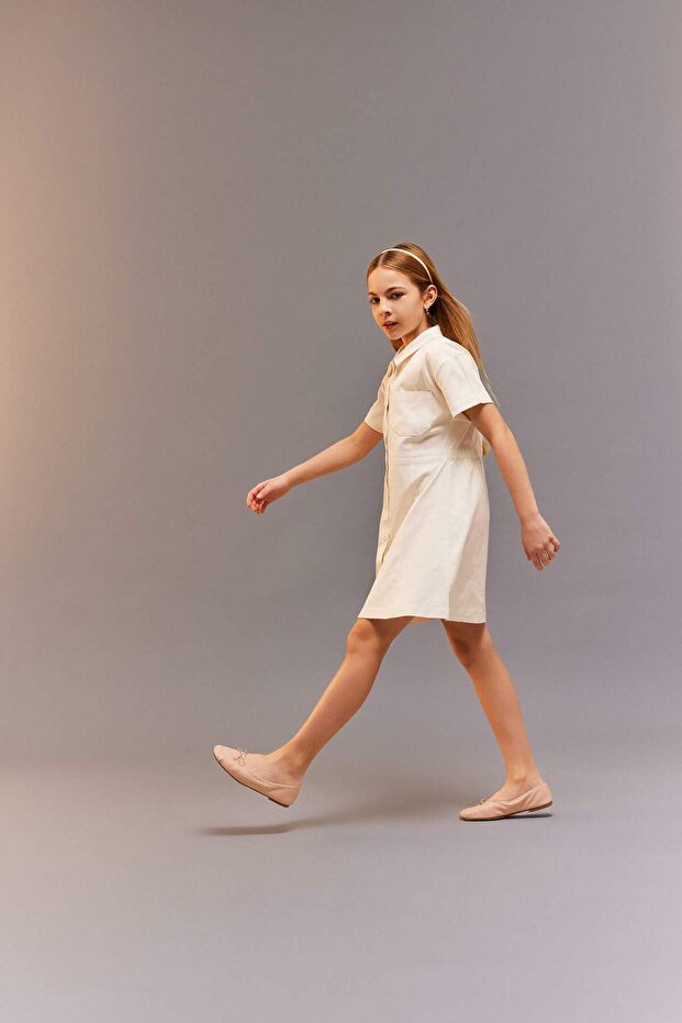 Gabardine Pocket Buttoned Short Sleeve Summer Dress Girls D9223A825Sm