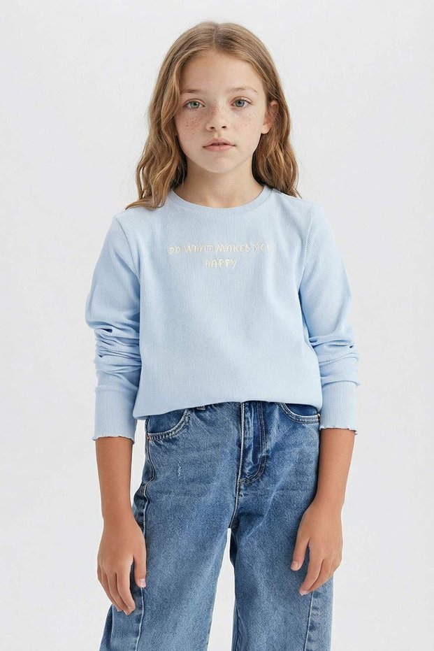 Slim Fit Narrow Cut Crew Neck Printed Ribbed Camisole Long Sleeve School T-Shirt Girls D8565A82