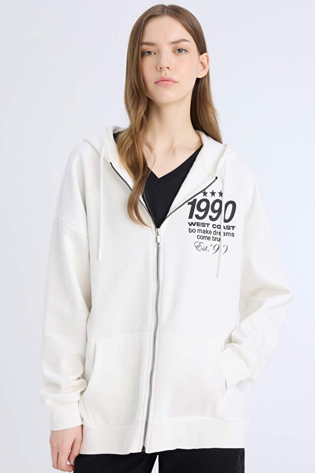 Oversize Wide Fit Hooded Printed Zippered Thick Sweatshirt E5991Ax
