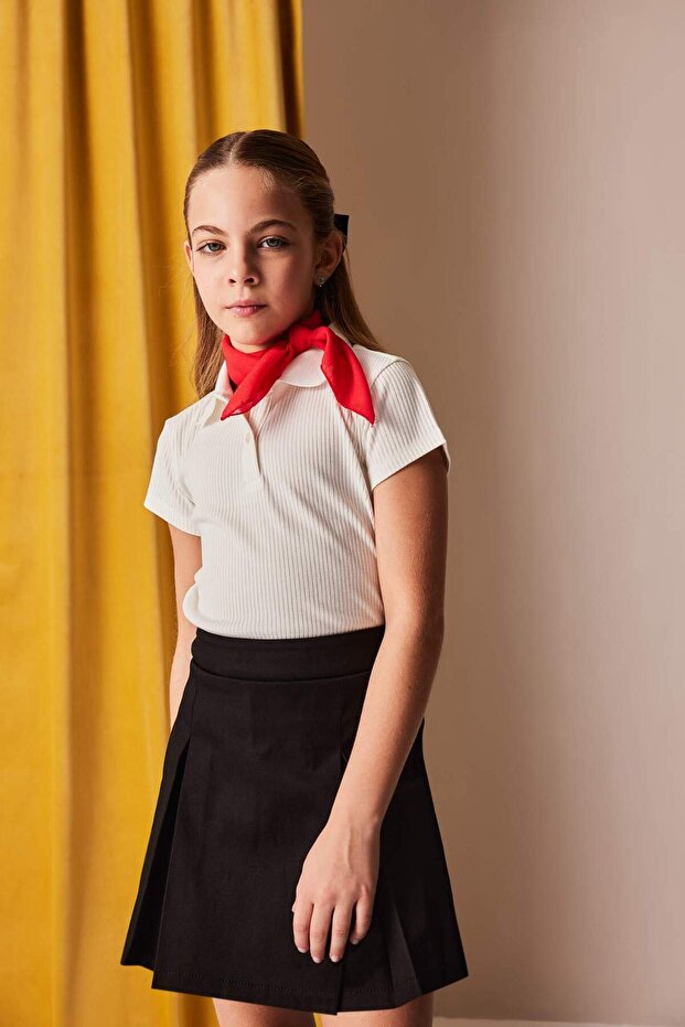 Girl's Slim Fit Slim Fit Basic Plain Ribbed Camisole Short Sleeve Polo T-Shirt Z7794A625Sm
