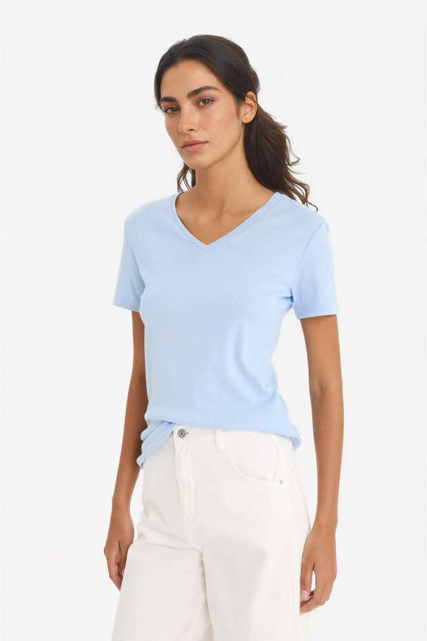 Slim Fit Slim Fit V-Neck Ribbed Basic Plain 100% Cotton Short Sleeve T-Shirt I1080Az25Sp