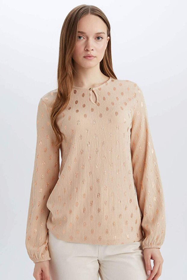 Regular Fit Drop Collar Patterned Wrinkle Long Sleeve T-Shirt E1205Ax25Sp