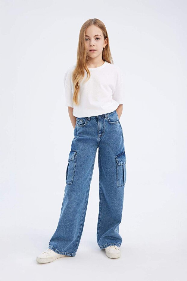 100% Cotton Wide Leg Cargo Wide-Legged Jean Trousers for Girls D7091A825Sm