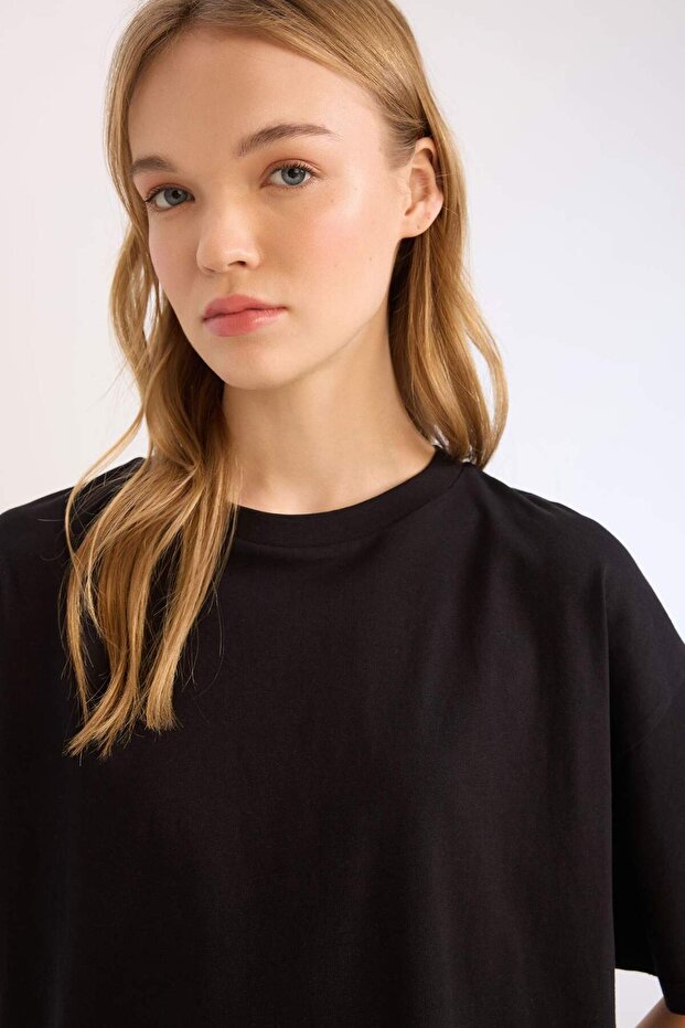 %100 Pamuk Loose Fıt Basıc Kalın Tişört E0291AX25SM - 4