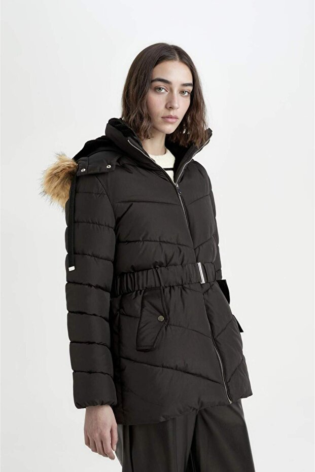 Lightweight Long Water Repellent Puffer Coat - Windproof, Hooded, Faux Fur Quilted and Belted