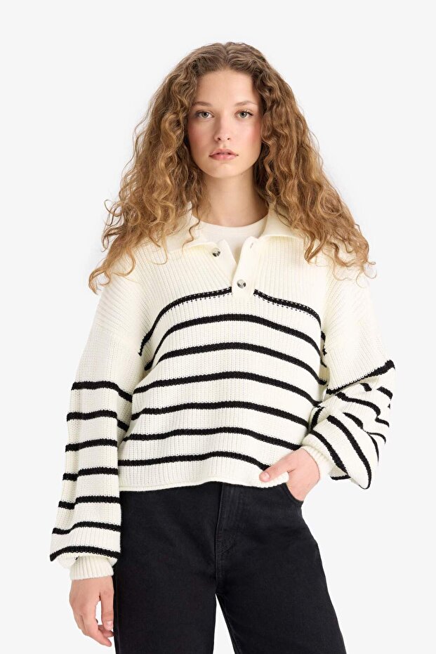 Collared Half-Button Striped Knit Sweater - 3