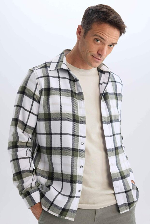 Regular Fit Polo Neck Checked Cotton Long Sleeve Shirt D7555Ax24Au