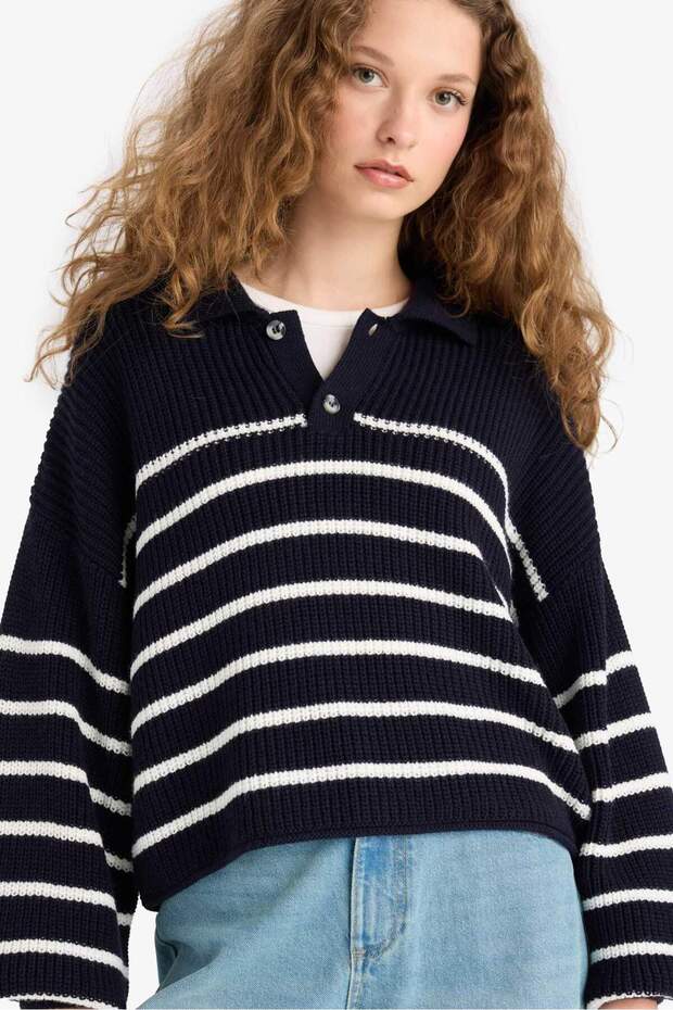 Relax Fit Polo Neck Half Button Striped Knitwear Sweater C4918Ax24Wn