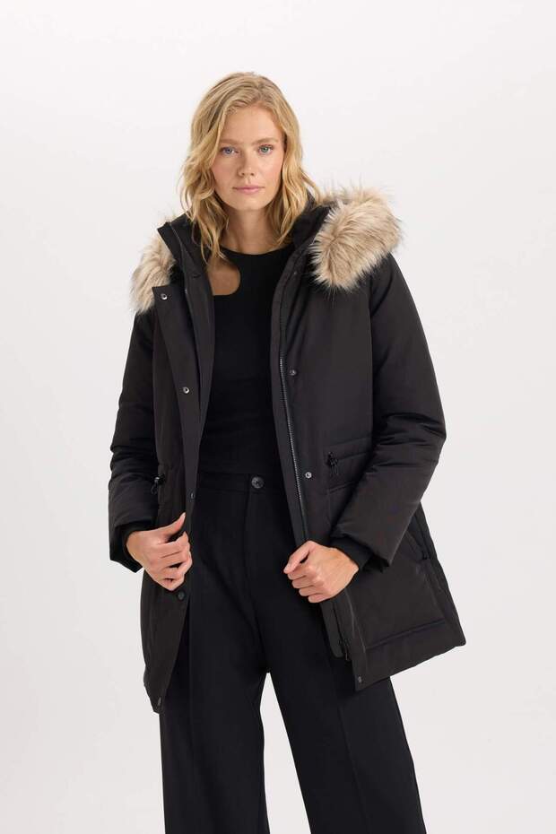 Oversize Faux Fur Hooded Parka - Water Repellent down Jacket with Detachable Zipper