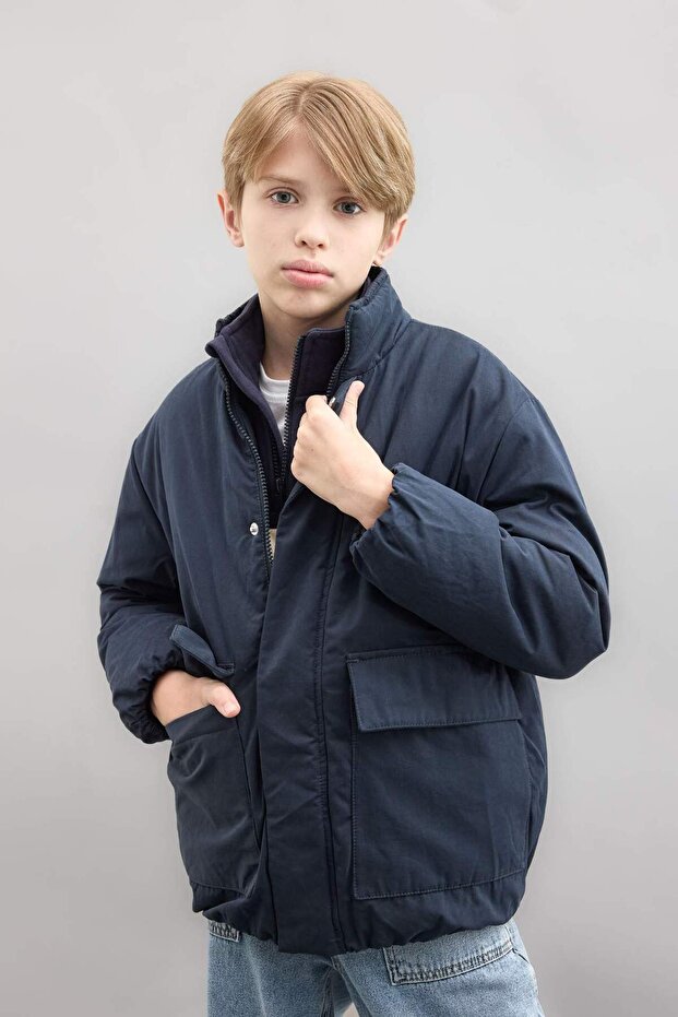 Boy's Water Repellent Stand Collar Zippered Snap Closure Pocket Coat C7093A824Wn