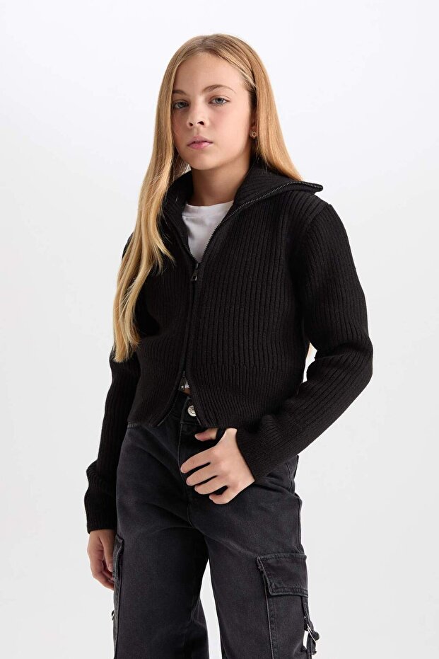 Basic Plain High Collar Zippered Black Knitwear Cardigan for Girls C9557A824Wn