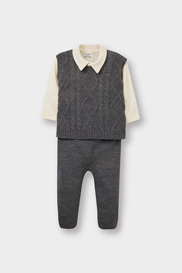 Baby Boy Polo Neck Buttoned Long Sleeve Snap Fastener Body Knit Patterned Knitwear Sweater with Elastic Waist