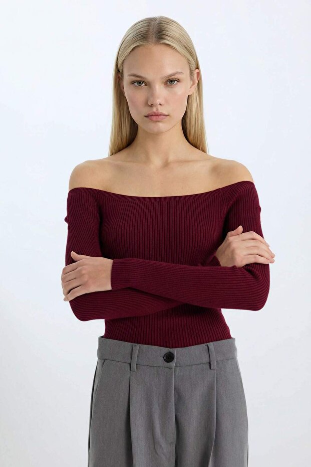 Fitted Açık Omuz Basic Düz Bordo Triko Kazak E0314AX24WN - 4