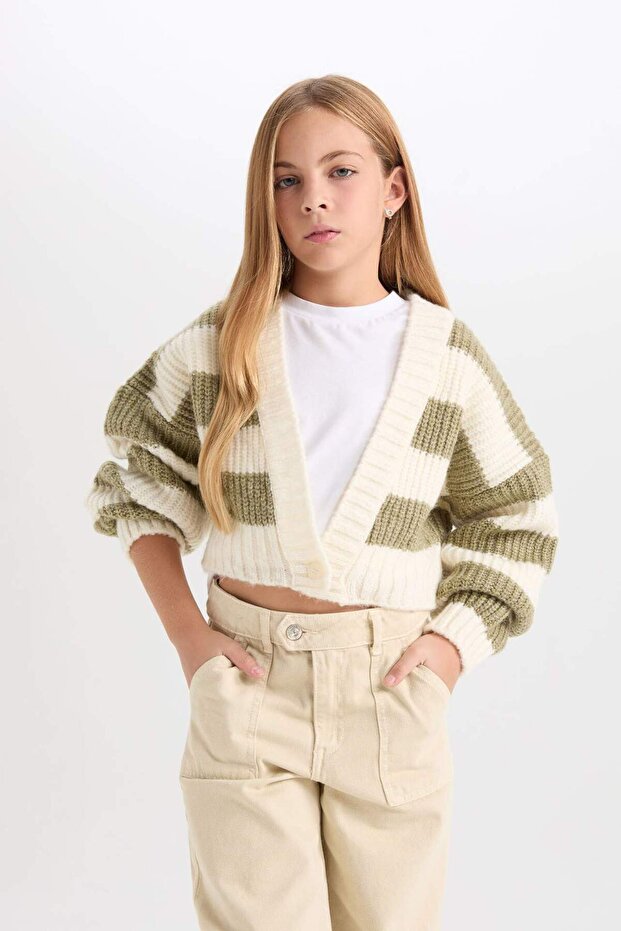 V-Neck Striped Buttoned Knitwear Cardigan Girls C9662A824Wn