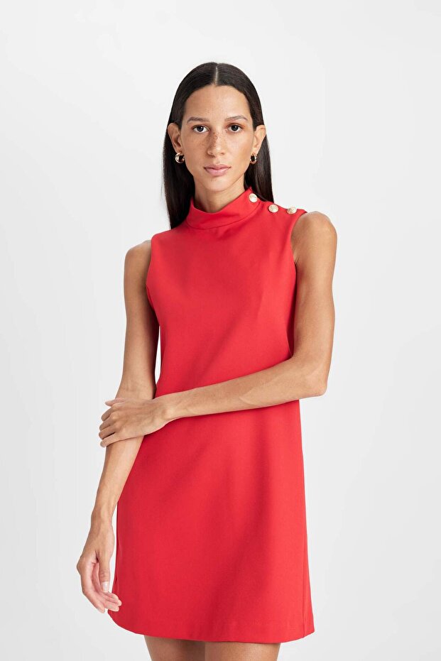 Half Turtleneck Basic Solid Button Sleeveless Mini Red Evening Dress D2873Ax24Au - 3