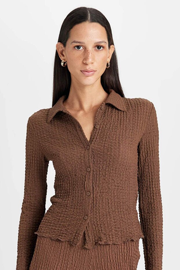 Slim Fit Polo Collar Wrinkled Long Sleeve T-Shirt