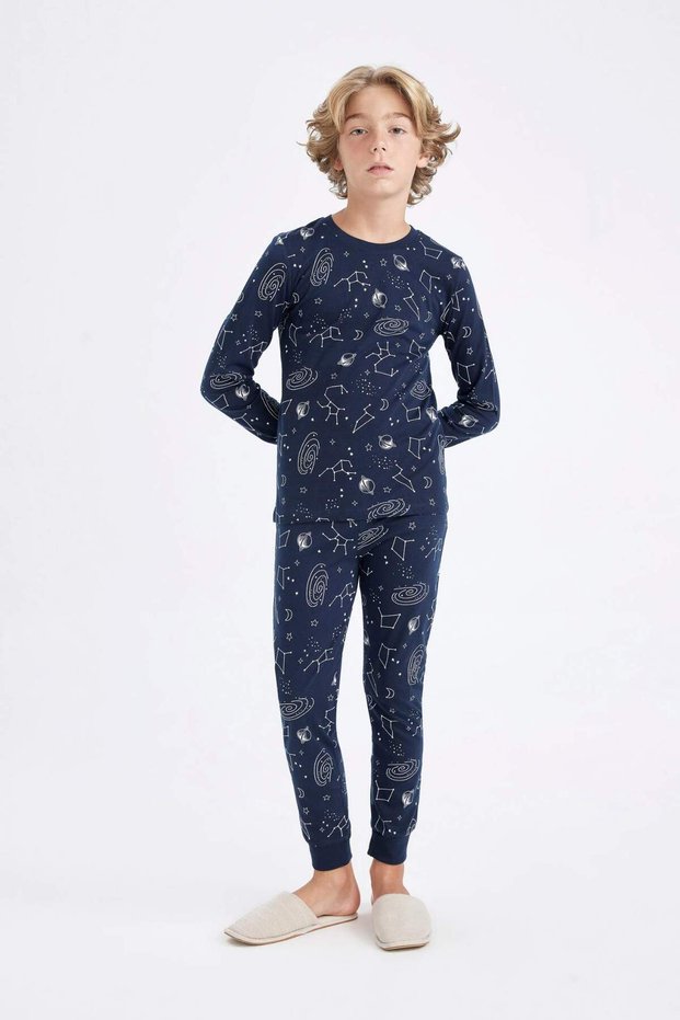 Erkek Çocuk Pijama Takımı Bisiklet Yaka Desenli Uzun Kollu Üst Uzun Alt D2897a824au