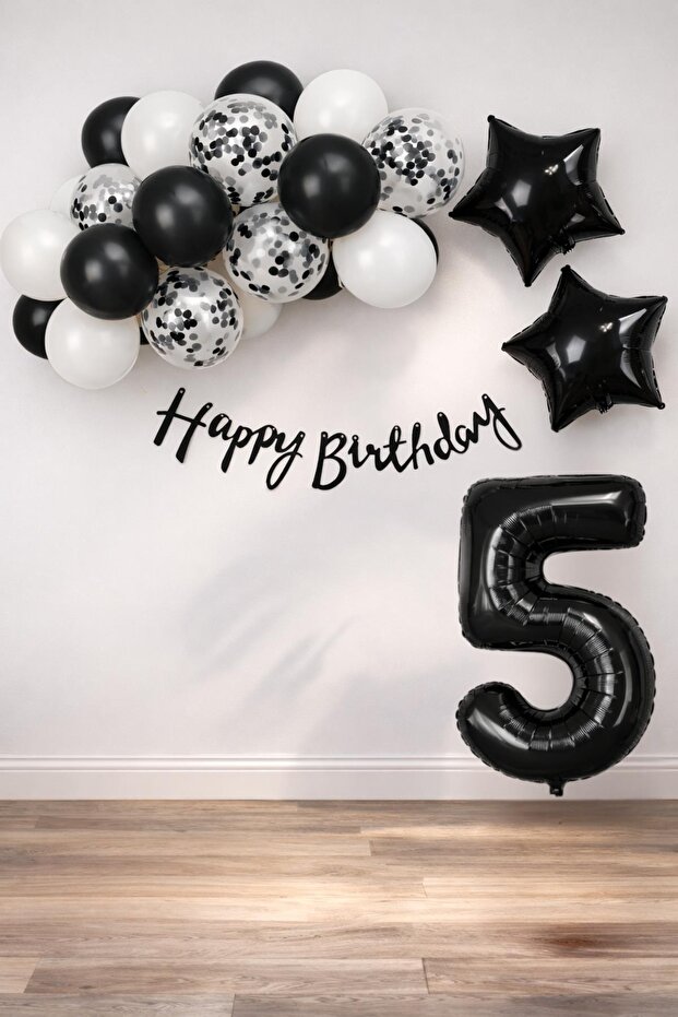 Black Concept 5Th Birthday Celebration Set; White Balloon with Black Confetti, Number Star Foil, and Bann.