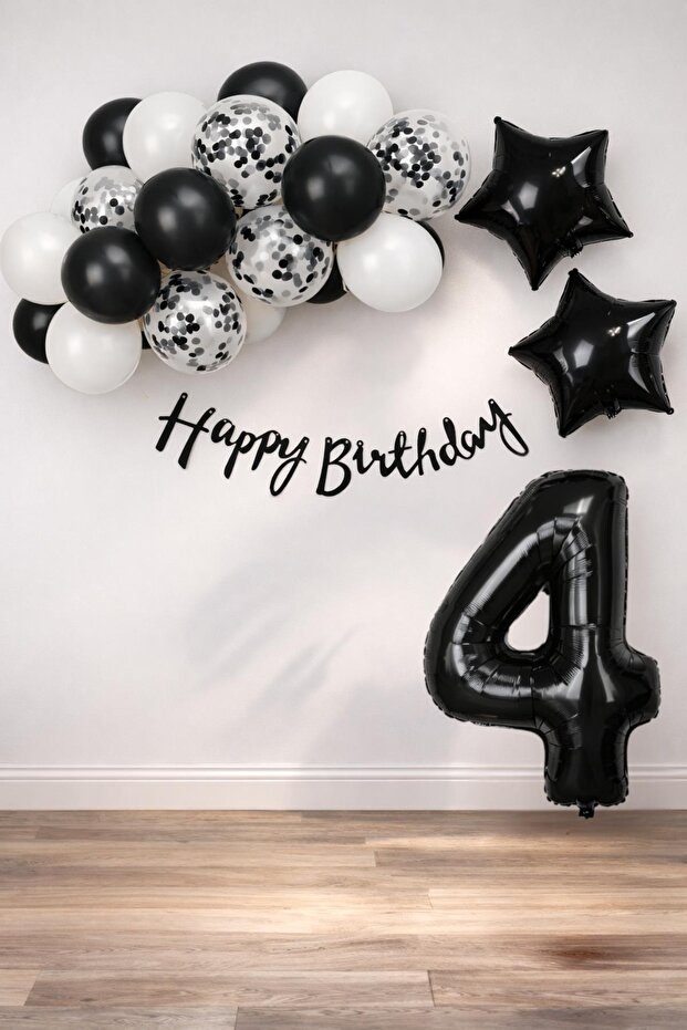Black Concept 4Th Birthday Celebration Set; White Black Confetti Balloon, Number Star Foil and Bann