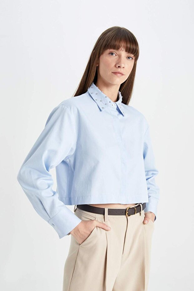 Crop Basıc Düğmeli Dokuma Gömlek D4617AX24AU - 6