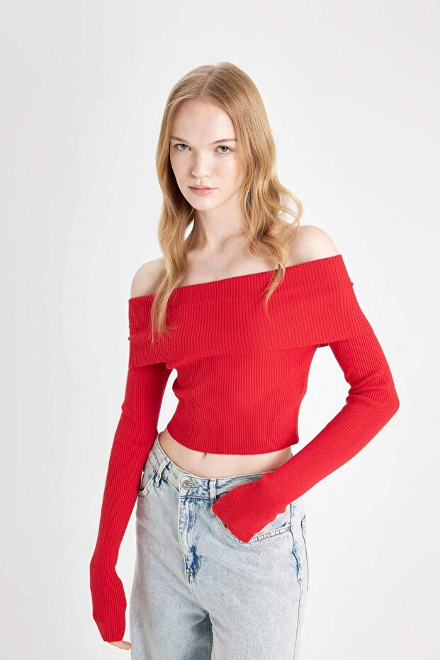 سترة تريكو بقصة ضيقة مكشوفة الكتفين - قصة أساسية مستقيمة B6537ax24wn - 4