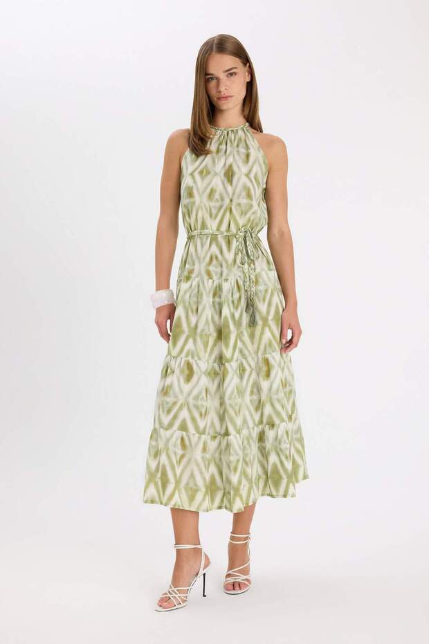 A-Line Halter Neck Patterned Crinkle Fabric with Belt Sleeveless Maxi Dress D3782Ax24Au