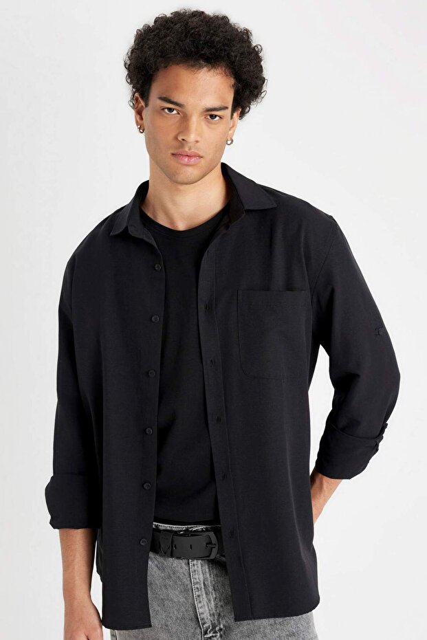 Regular Fit Buttoned Collar Basic Plain Cotton Blend Long Sleeve Shirt D4183Ax24Au