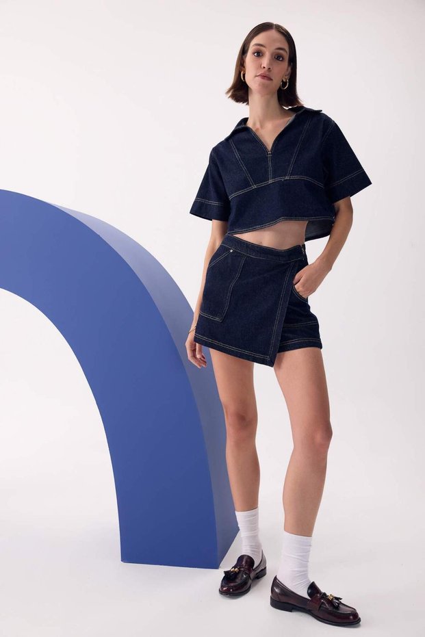 High Waist Zipper Pocket Jean Shorts Skirt D3722Ax24Au