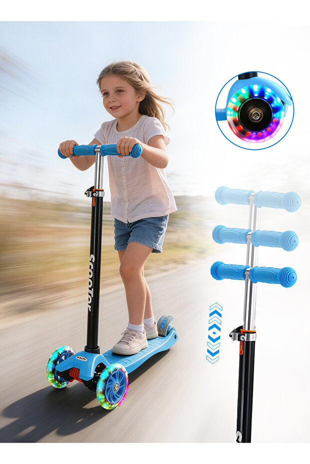 Kids Kick Scooter with Flashing Wheels and Adjustable Handle, 3-Wheel Kids Scooter for 7+ Children