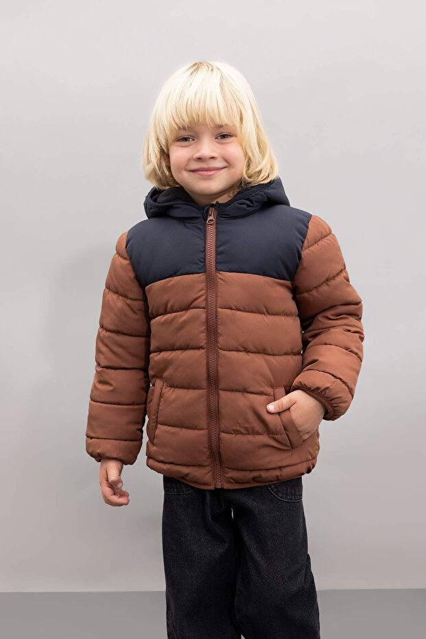 Baby Boy Water Repellent Fleece Lined Color Block Patterned Hooded Puffer Jacket A2215A524Au