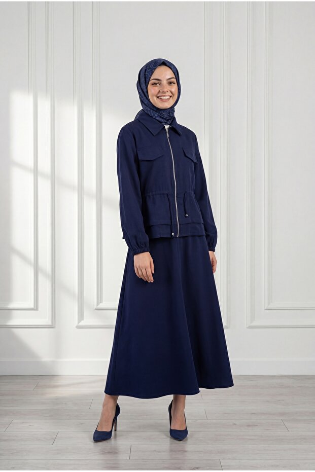 Eser Beli Tunnel Cover Pocketed Zippered Skirt Suit-Mf596 Navy Blue