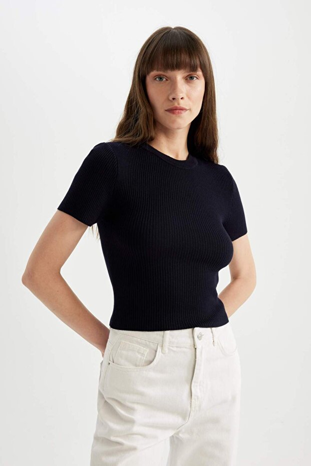 Crop Rundhals Basic Unifarben Kurzarm Strickpullover C5638AX24AU - 5