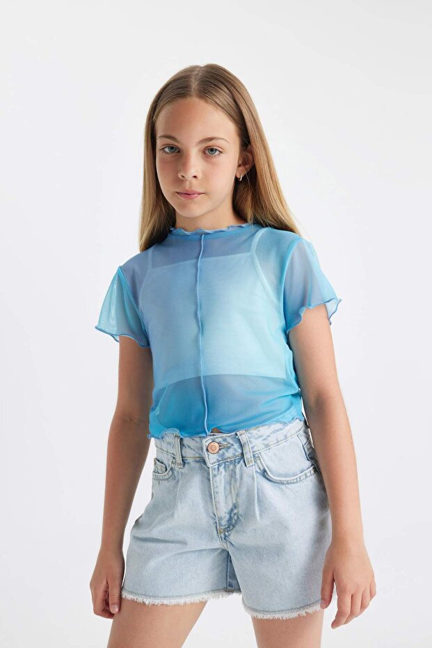 Girl's Crop Crew Neck Gradient Printed Tulle Short Sleeve T-Shirt Undershirt 2 Piece Set C8717A824Sm