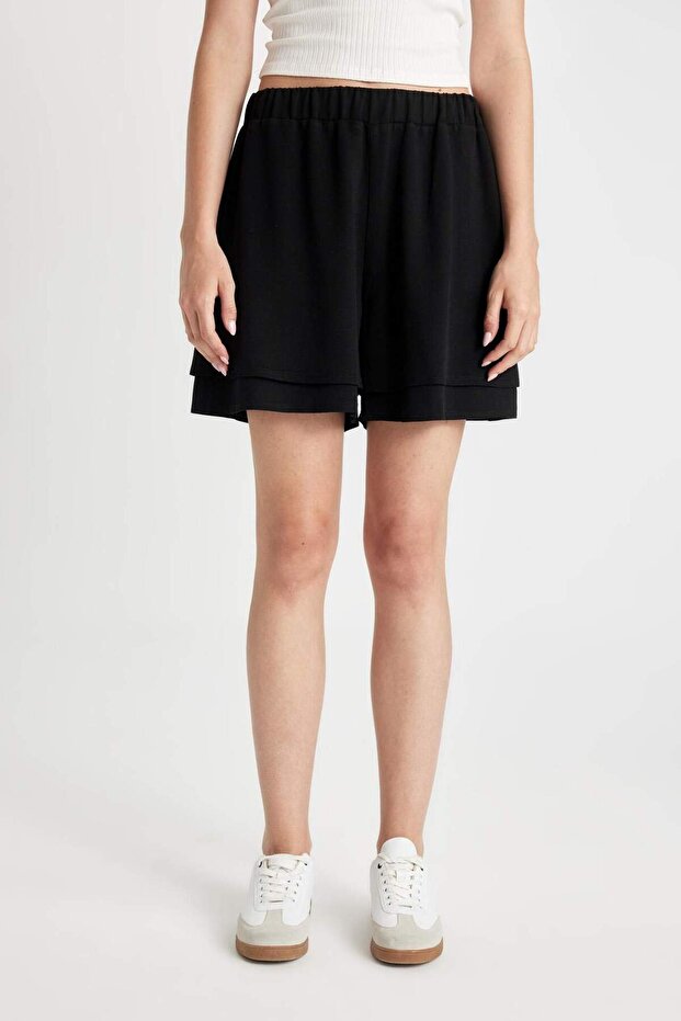 Regular Fit Normal Waist Short Leg Linen Blend Black Shorts D3989Ax24Hs