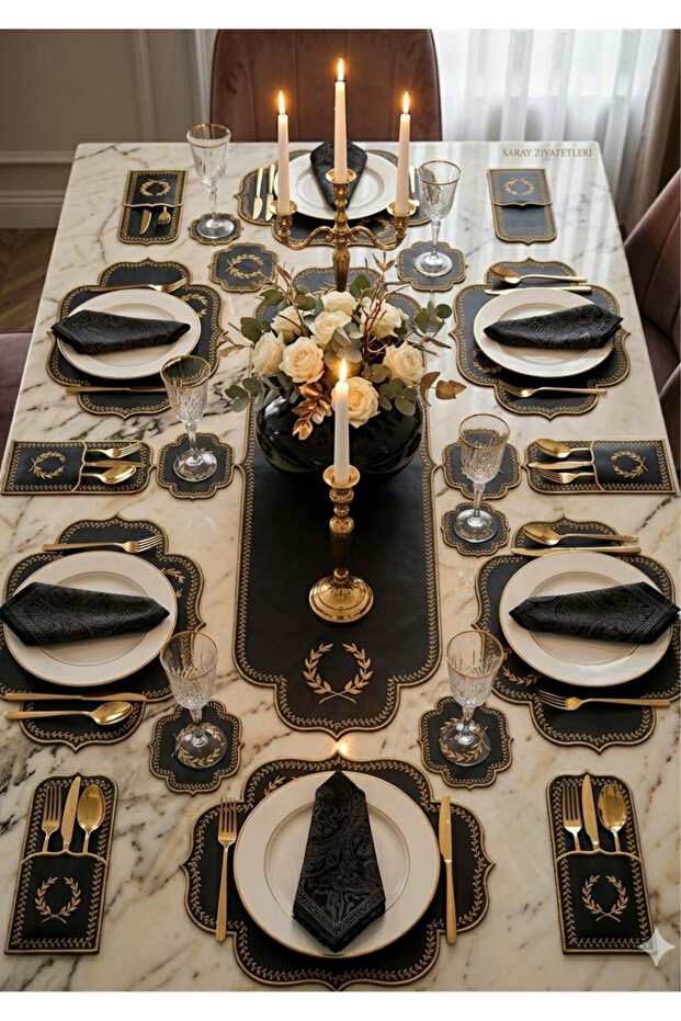 Gold Embroidered Black Leather 19 Piece Luxury Placemat and Table Runner Set