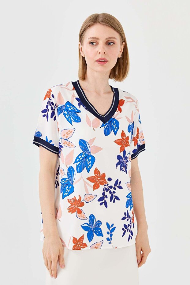 Women's V-neck Colorful Patterned Combed Cotton T-shirt Navy Blue