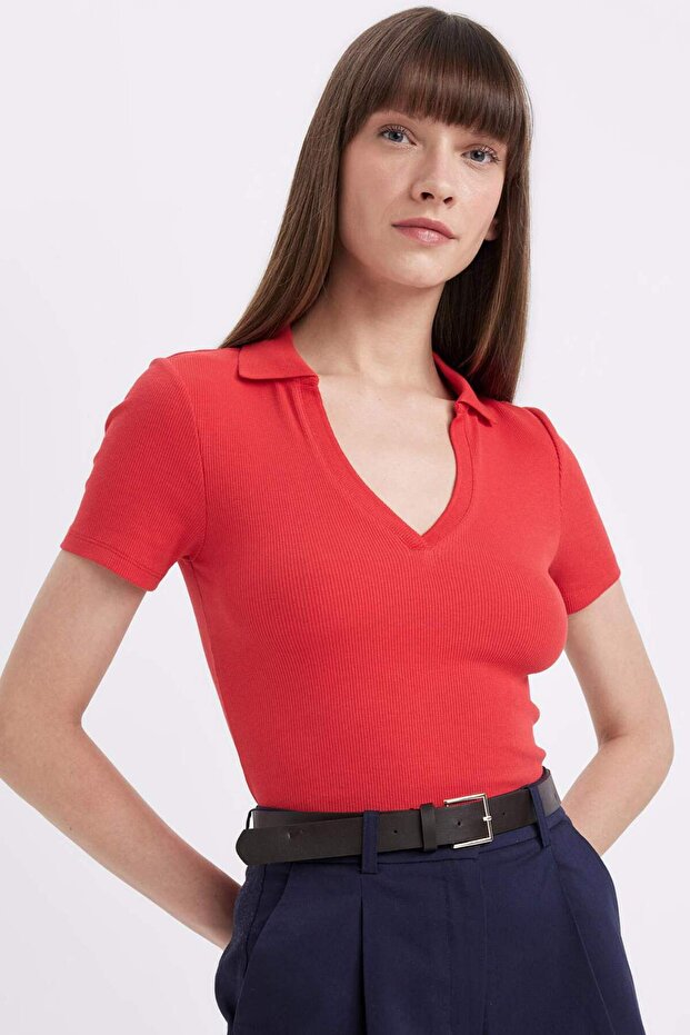 Slim Fit Slim Fit Polo Collar Ribbed Camisole Short Sleeve Polo T-Shirt C4076Ax24Sp