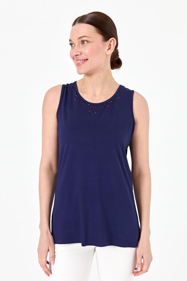 Women's Crew Neck Embroidered Strappy Combed Cotton T-Shirt Navy Blue