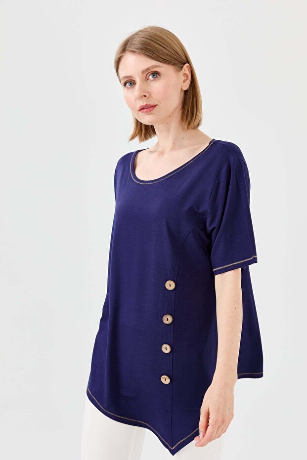 Women's Crewneck Collar Front Wooden Buttoned Combed Cotton T-shirt Navy Blue